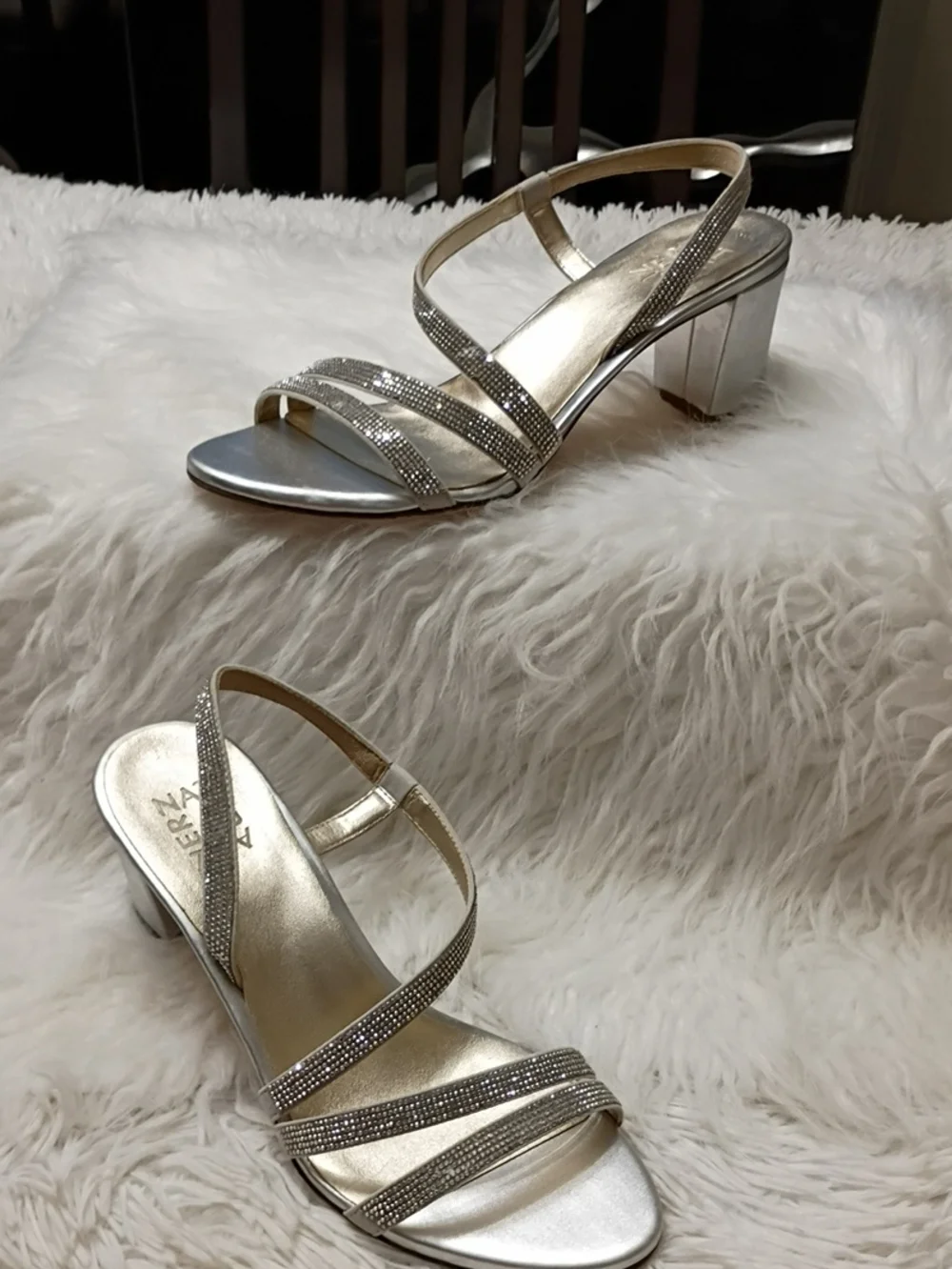 Naturalizer Metallic Strappy Low Block Heel Rhinestone Sandals - Silver Gold
